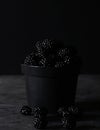 Blackberry. Blackberries in black decorative vase on a dark abstract background. Copyspace. Healthy food concept.