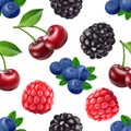 Blackberry blueberry cherry and raspberry seamless pattern. 3d realistic vector berries. Royalty Free Stock Photo