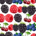 Blackberry blueberry cherry and raspberry seamless pattern. 3d realistic vector berries. Royalty Free Stock Photo