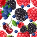 Blackberry blueberry cherry and raspberry seamless pattern. 3d realistic vector berries. Royalty Free Stock Photo