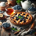 Blackberry and blueberry tart with cup of coffee on dark background