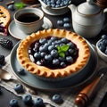 Blackberry and blueberry tart with cup of coffee on dark background