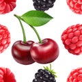 Blackberry cherry and raspberry seamless pattern. 3d realistic vector berries.