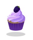 Blackberry cupcake with berry and purple violet paper case. Vector .