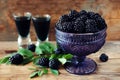 Blackberry fruit liqueur in two shot glasses with berries and gr Royalty Free Stock Photo