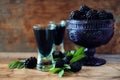 Blackberry fruit liqueur in two shot glasses with berries and gr Royalty Free Stock Photo