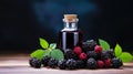 Blackberry and fruits Tincture bottle on table on dark background. Herbal medicine. Photo AI generated