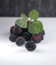 BlackBerry with green leaves,on a black background, berries on a black background. Royalty Free Stock Photo