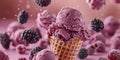 Blackberry ice cream in a waffle cone close-up Royalty Free Stock Photo