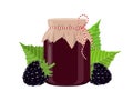 Blackberry jam or confiture jar in rustic style, homemade fruit berry preserve, vector illustration on white background