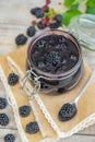 Blackberry jam in a jar. Selective focus