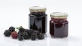 Blackberry jam and ripe blackberries fruit Jars on white background with Generative AI