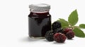 Blackberry jam and ripe blackberries fruit Jars on white background with Generative AI
