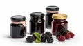 Blackberry jam and ripe blackberries fruit Jars on white background with Generative AI