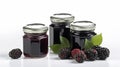 Blackberry jam and ripe blackberries fruit Jars on white background with Generative AI