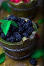 Blackberry with leaf in a basket on vintage metal tray. Top view. Close up. Royalty Free Stock Photo