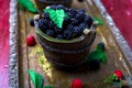 Blackberry with leaf in a basket on vintage metal tray. Top view. Close up. Royalty Free Stock Photo