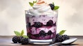 Blackberry mousse Illustration. Delicious sweet mousse with Blackberry in glass. Food Illustration. Horizontal format, for bar