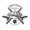 Blackberry pie with ribbons and cross knives. Logo for bakery, pastry, menu