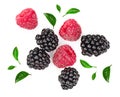 Blackberry and raspberry with leaves isolated on white background. Top view. Flat lay pattern Royalty Free Stock Photo