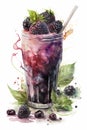 Blackberry smoothie in a tall glass with a straw, watercolor style