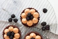 Blackberry tarts with whipped cream and chocolate filling on metal cooling rack. Grey background