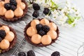 Blackberry tarts with whipped cream and chocolate filling on metal cooling rack. Grey background