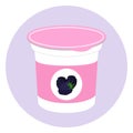 Blackberry yogurt in plastic cup. Milk cream product. Flat style