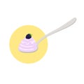 Blackberry yogurt on the spoon. Milk cream product. Flat style.
