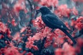 Blackbird Perched on Blossoming Branch in Gentle Rain, Vivid Red Flora Blurred Background, Nature Scene