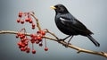 Blackbird sitting on a branch with red berries, isolated on gray background Generative AI
