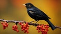 Blackbird sitting on a branch with red berries on a yellow background Generative AI