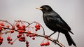 Blackbird (Turdus merula) on a branch with red berries Generative AI