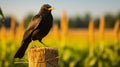 Blackbird On Wooden Pole In Precisionism Style