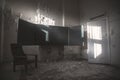 A blackboard in an abandoned school. An old abandoned school. Shabby walls. Armchair in the room.