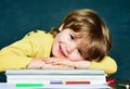 Blackboard background. Blackboard copy space. First school day. Happy mood smiling broadly in school. Preschooler. Back Royalty Free Stock Photo