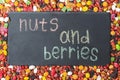 Blackboard on the background of a frame of nuts and dried fruits