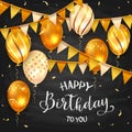 Blackboard Background with Golden Birthday Balloons and Pennants