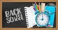 Blackboard background with wooden frames. Back to school concept with study supplies. Design for advertisement, magazine, website.