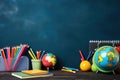 Dark blackboard blank space, background with crayons and globe globe, back to school. Generative ai Royalty Free Stock Photo