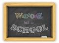 Blackboard with chalk and bright color letters on a brick wall for welcome to school party flyer or banner.