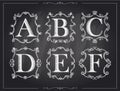 Blackboard chalk vintage calligraphic letters in monogram retro frames, alphabet logos