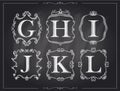 Blackboard chalk vintage calligraphic letters in monogram retro frames, alphabet logos