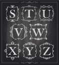 Blackboard chalk vintage calligraphic letters in monogram retro frames, alphabet logos