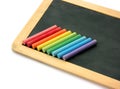 Blackboard and chalks in rainbow Royalty Free Stock Photo