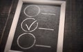 Blackboard with check boxes on chalk board. Hand writing. Dark background Royalty Free Stock Photo