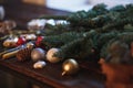 Blackboard with christmas tree twigs and balls. Xmas and Happy New Year composition. Flat lay, top view.