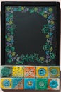 BlackBoard with Copy Space, Floral Decoration and Colorful Traditional Ceramics, Portuguese Style