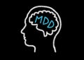 blackboard drawing of a head with MDD on the brain. MDD stands for Major Depressive Disorder. Royalty Free Stock Photo