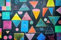 A blackboard features a vibrant display of geometric shapes and patterns created with colorful chalk during an engaging